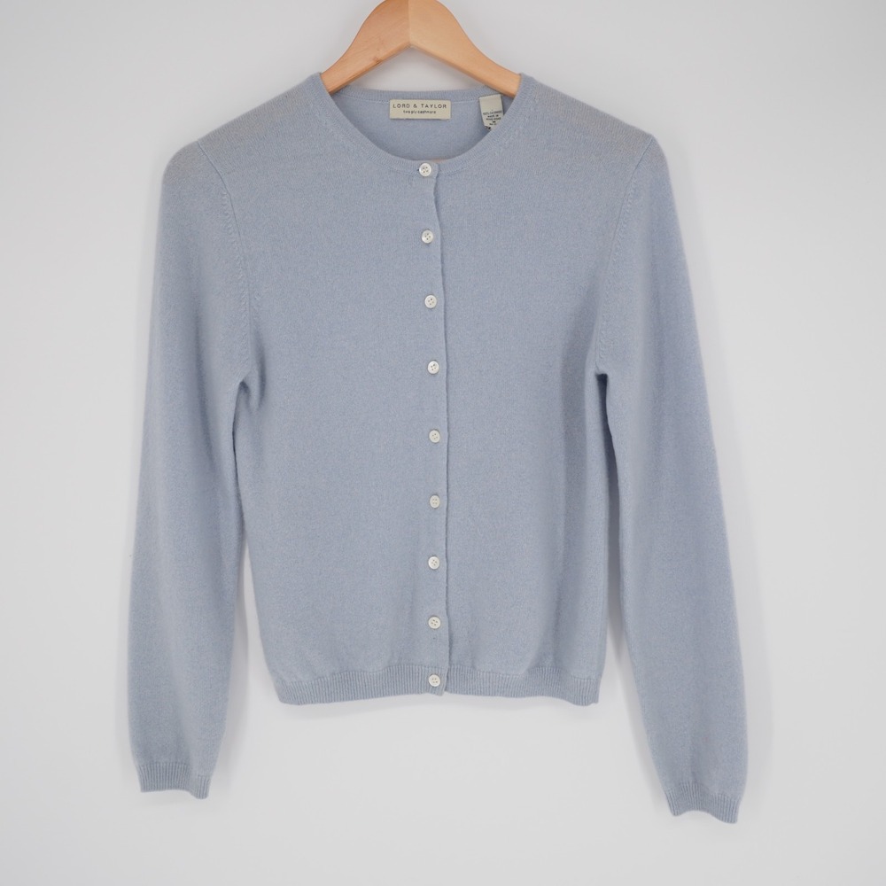 Lord & Taylor 2 Ply Cashmere Cardigan Sweater Womens M Blue Luxury Vintage 90s